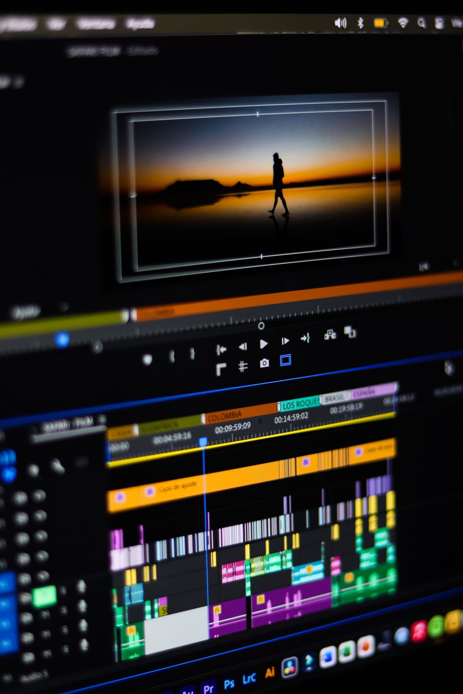 Pantalla de edición con una secuencia de vídeo y pistas de montaje